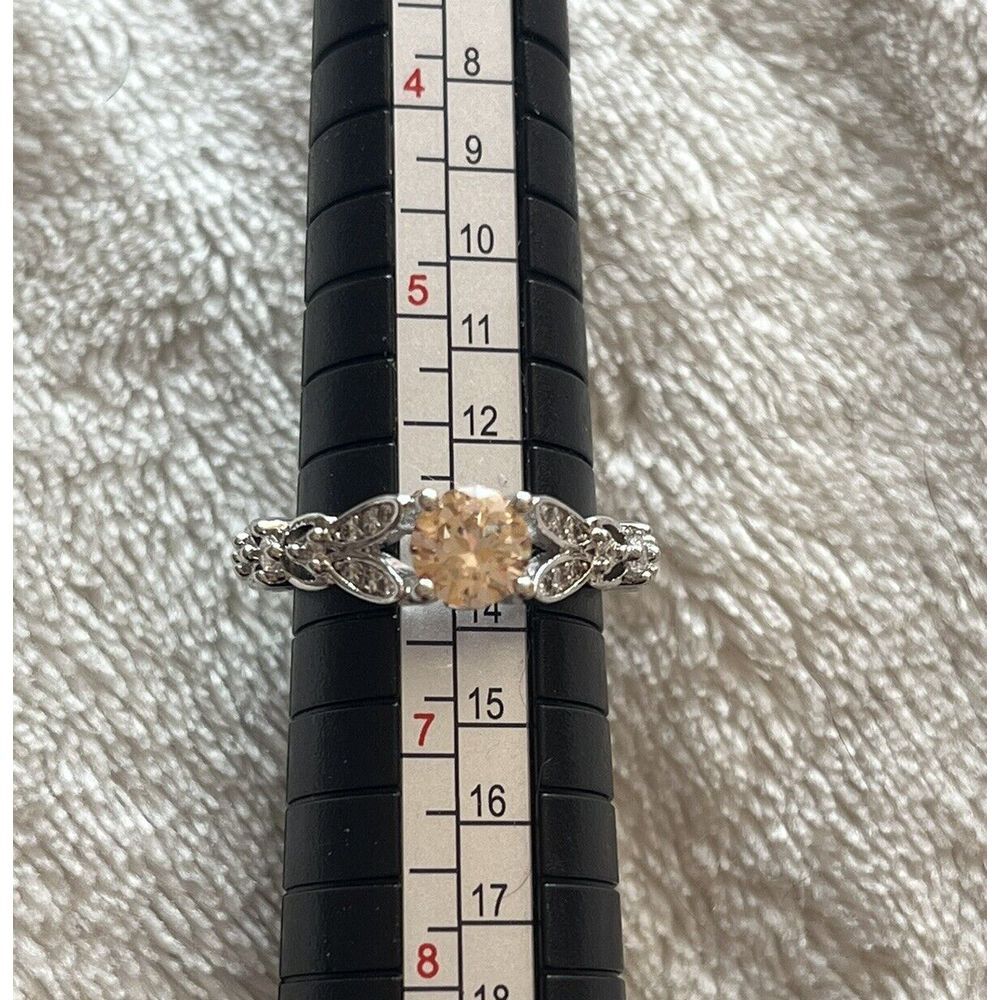 Orange Tint Round Cut Gemstone Silver Tone Ring - Sz 6 - Fashion Costume Jewelry - Picture 2 of 7